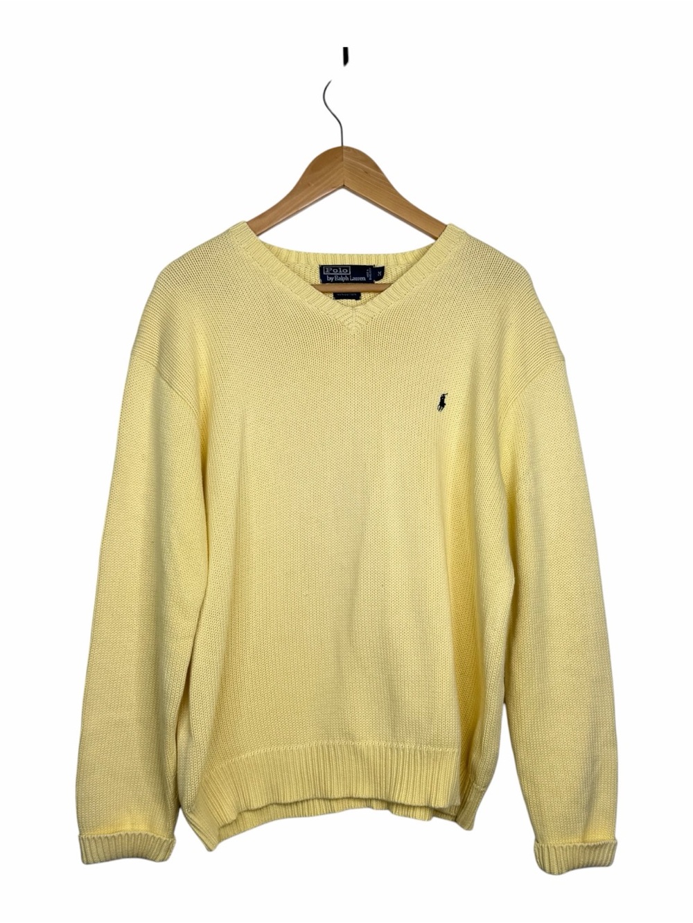 Polo Ralph Lauren Butter Yellow Preppy Cotton Knit V-Neck Pony Sweater Classic M